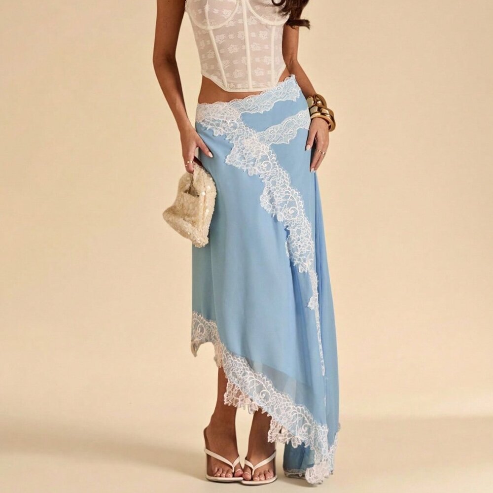 Baby Blue Elegant Women's Lace Trim Asymmetric Hem Split Chiffon Skirt - Picture 4 of 9